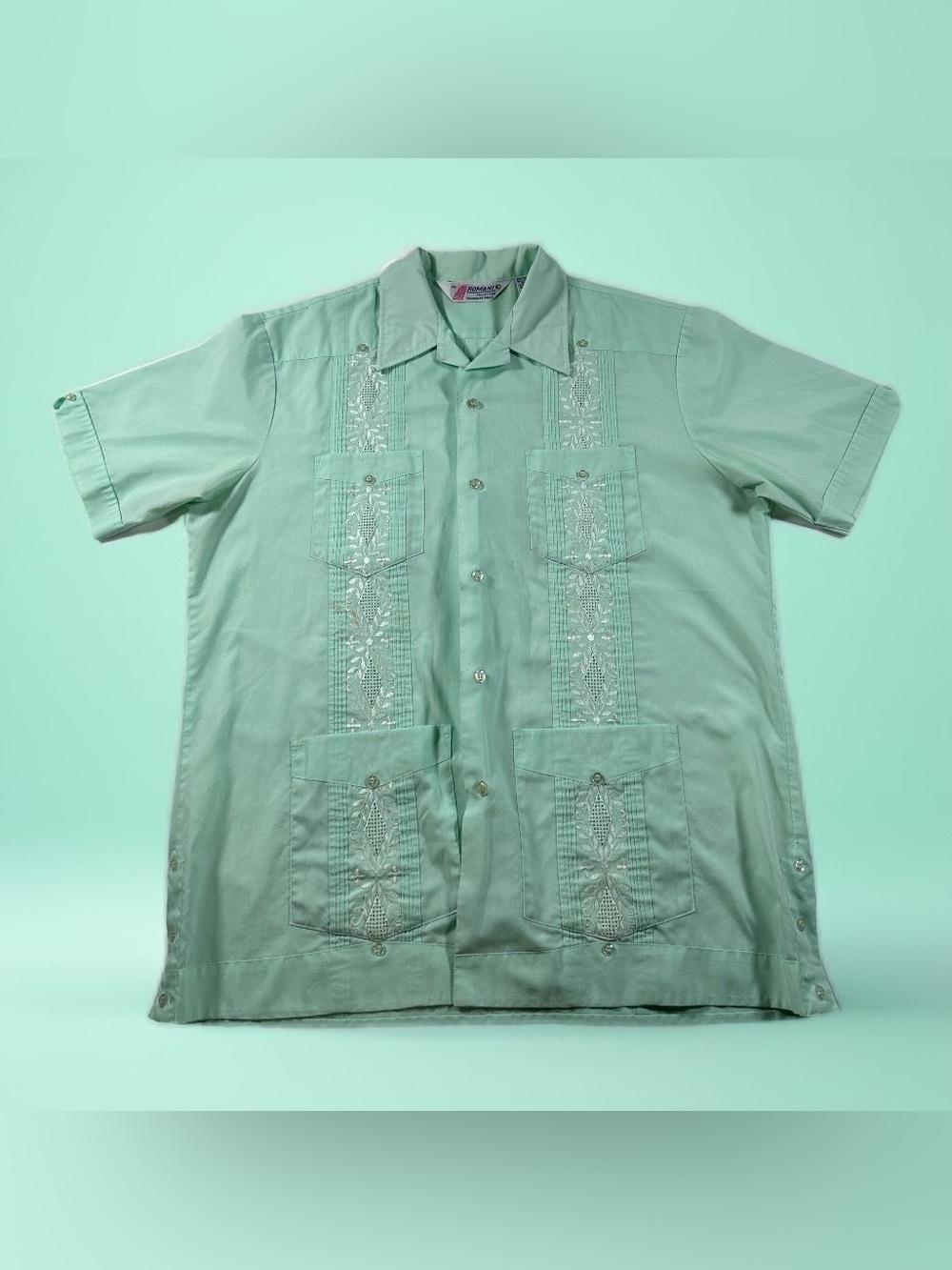 Vintage 70s 80s The Romani Collection Guayabera Shirt Large Seafoam Mint Green E